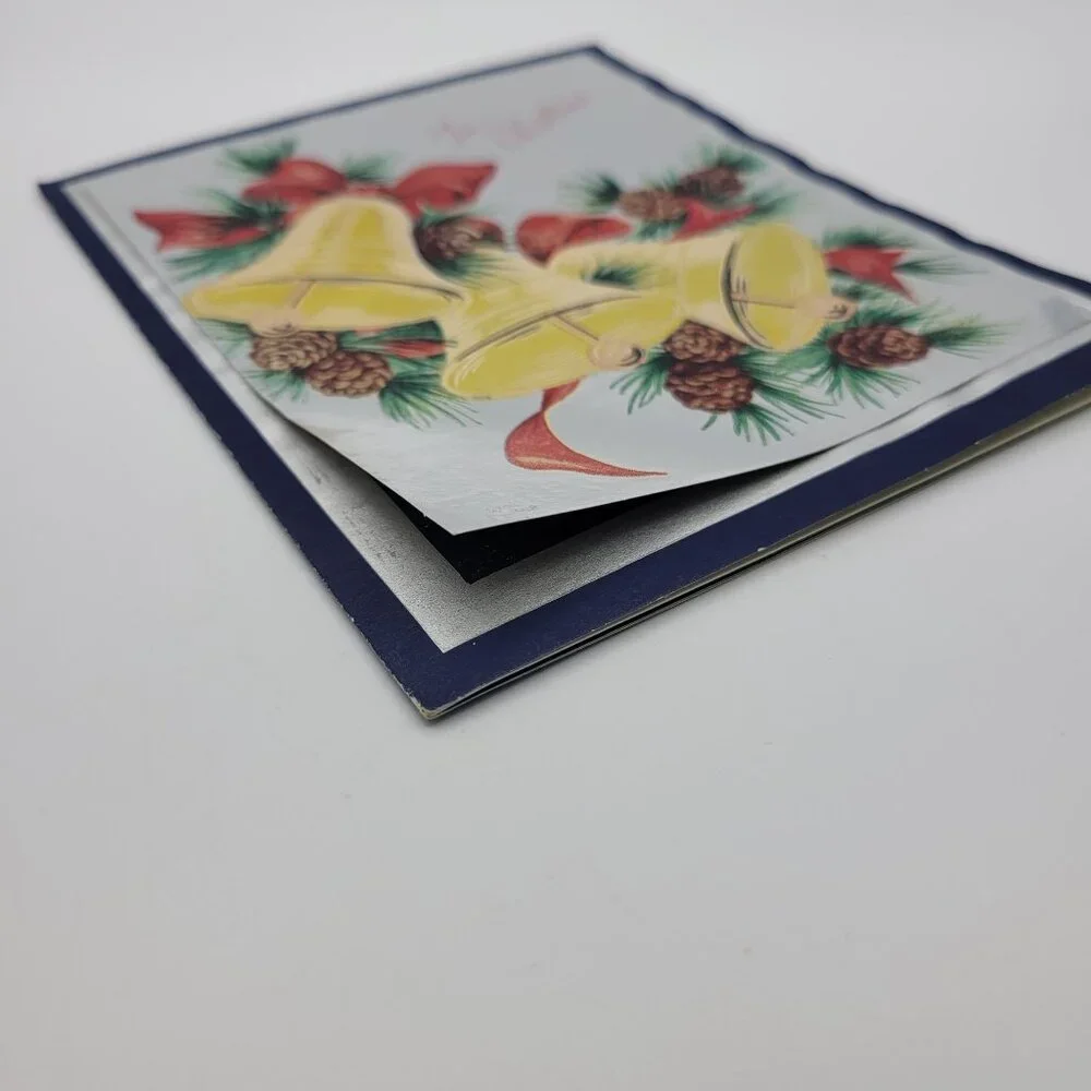 Vintage Christmas Bells Pine Cones Greeting Card Collectible Holiday Decor‎